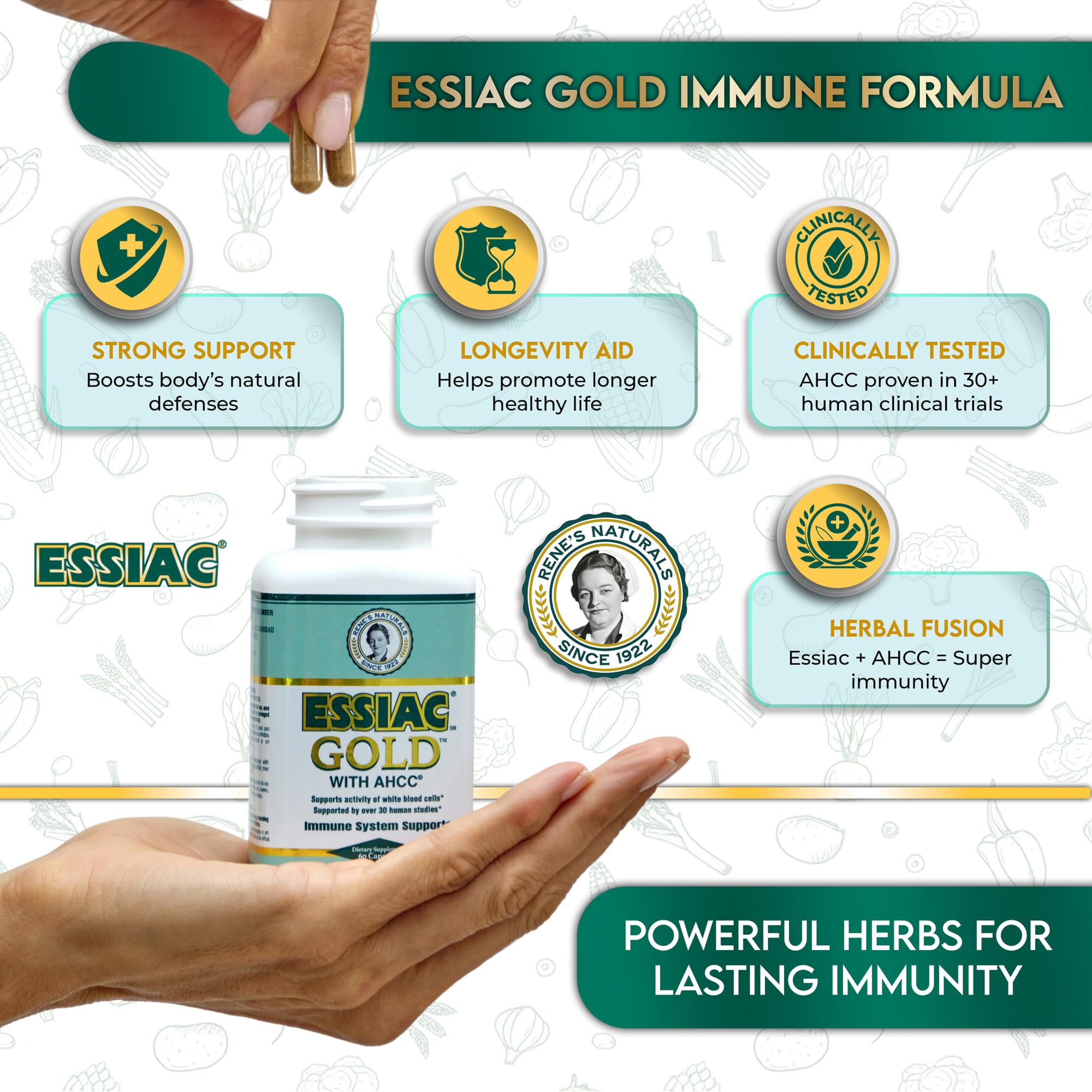 Essiac Gold label close-up with AHCC ingredients.