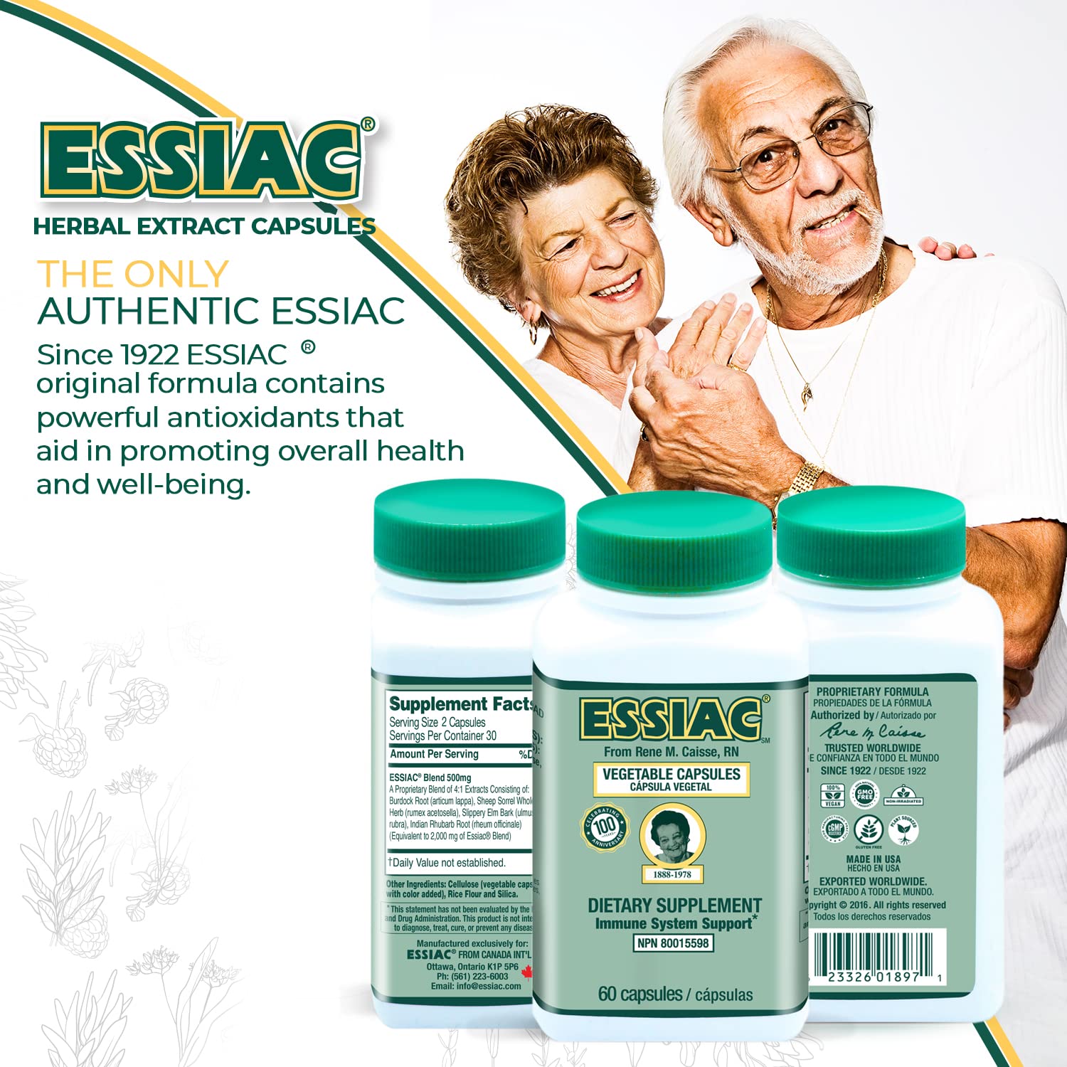 Essiac tea capsules bottle back shows dosage guidance and ingredients.