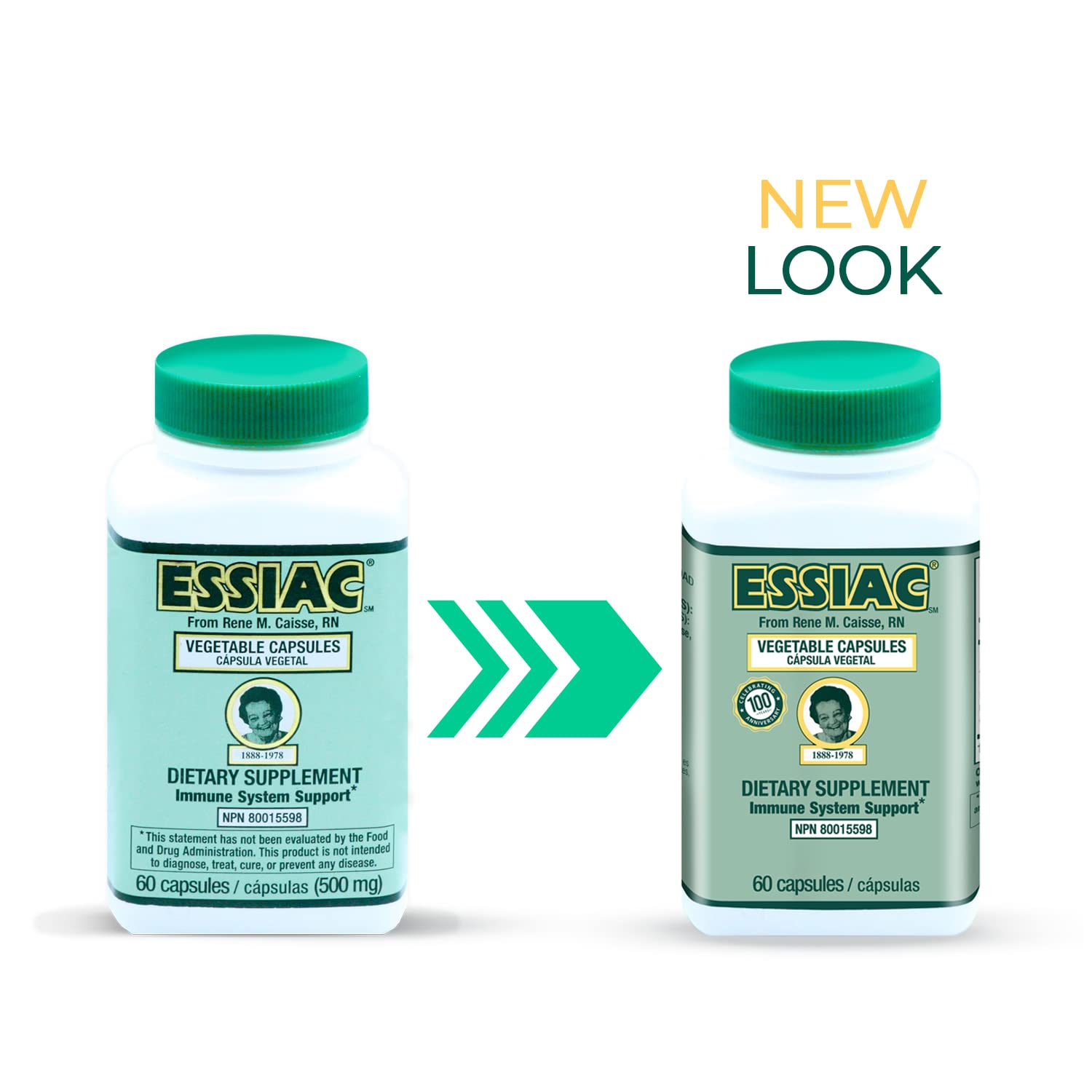 Essiac tea capsules label closeup highlighting authentic plant-based blend.