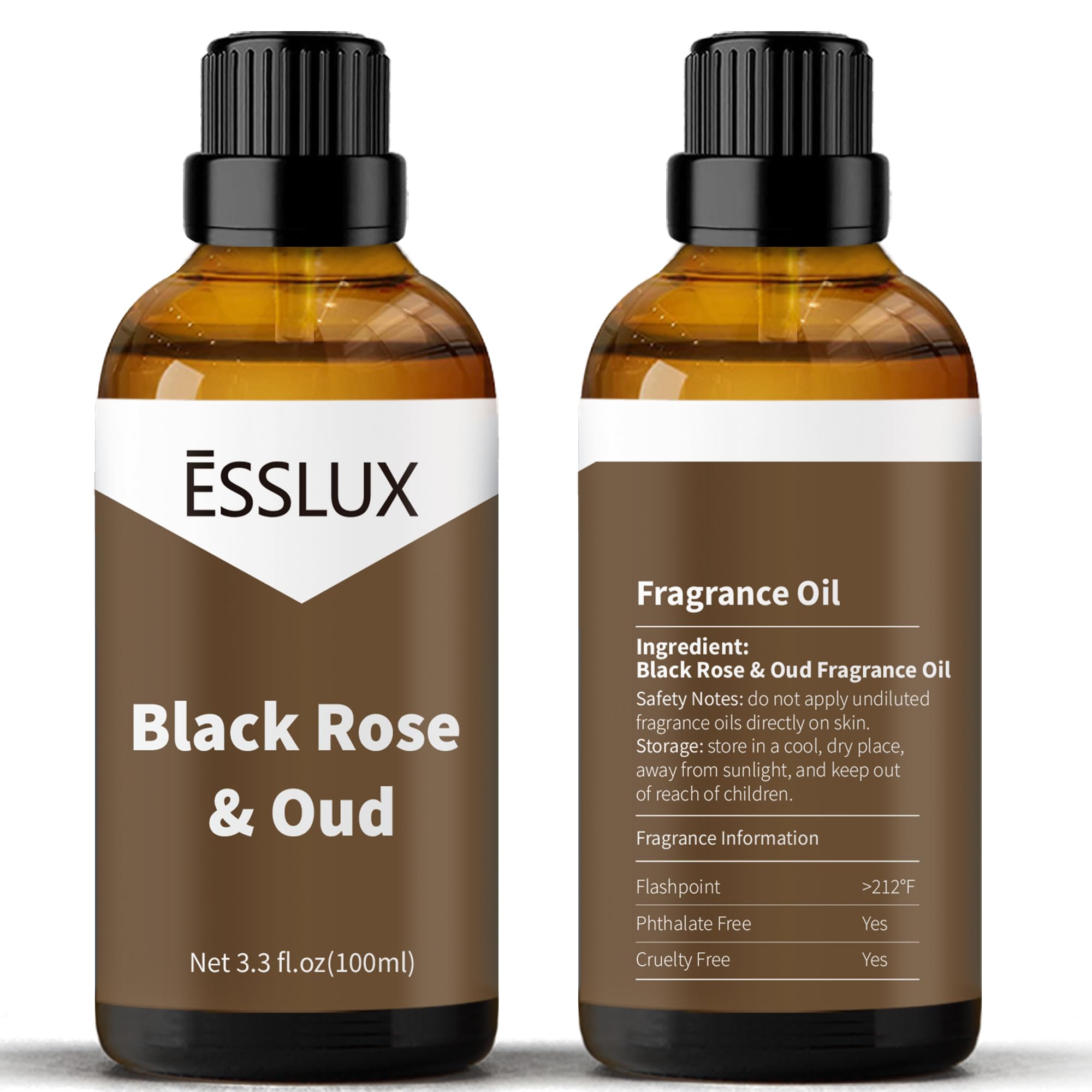 ESSLUX Black Rose & Oud fragrance oil label close-up for candles and soaps