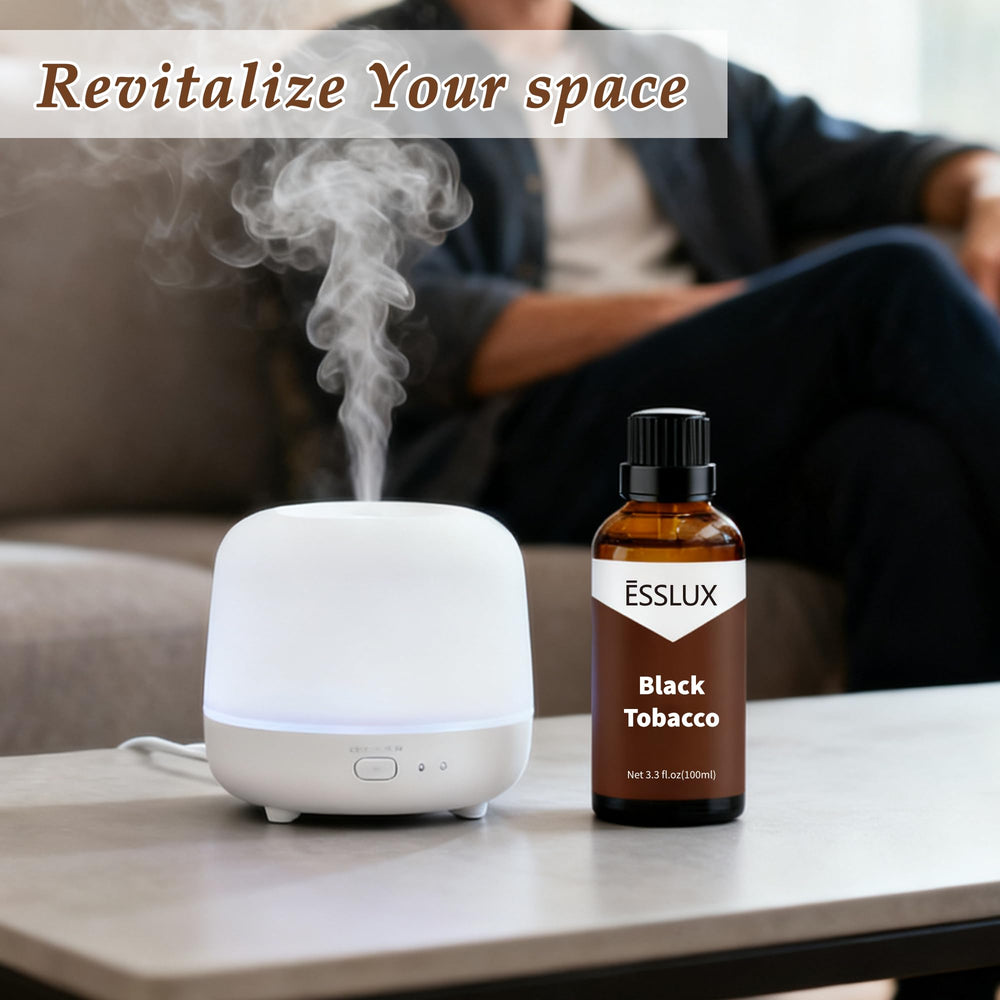 ESSLUX Black Tobacco Fragrance Oil diffuser setup in a living room