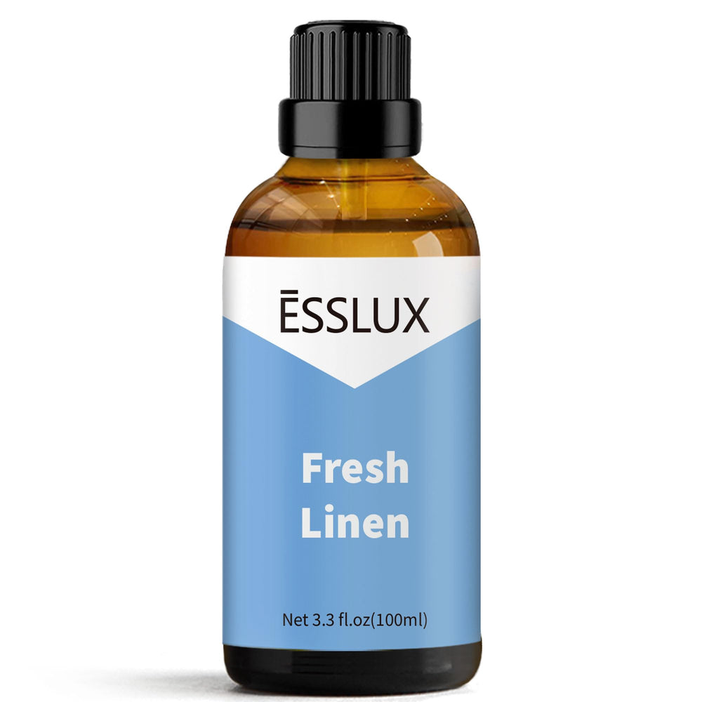 ESSLUX Fresh Linen fragrance oil bottle pour enhances clean laundry aroma in any space