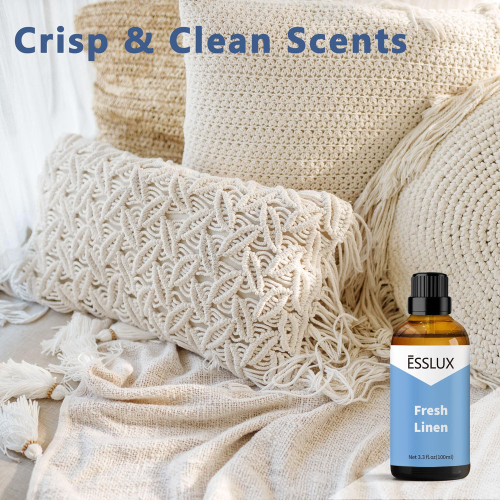 ESSLUX Fresh Linen fragrance oil diffuser visual for a crisp, revitalizing room scent