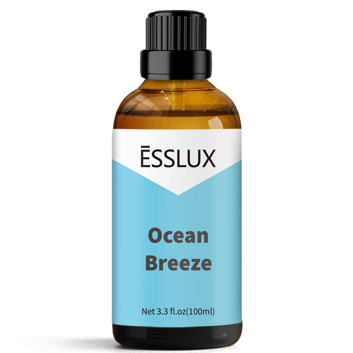 ESSLux Ocean Breeze bottle closeup, long-lasting aroma for diffusers and crafts.