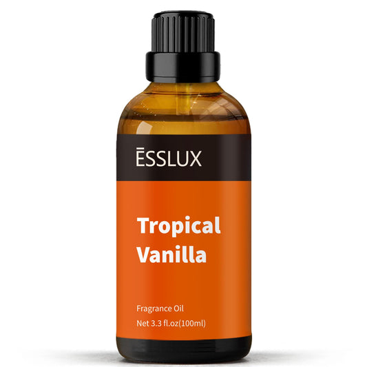 ESSLux Tropical Vanilla fragrance oil bottle in amber glass for lasting aroma.