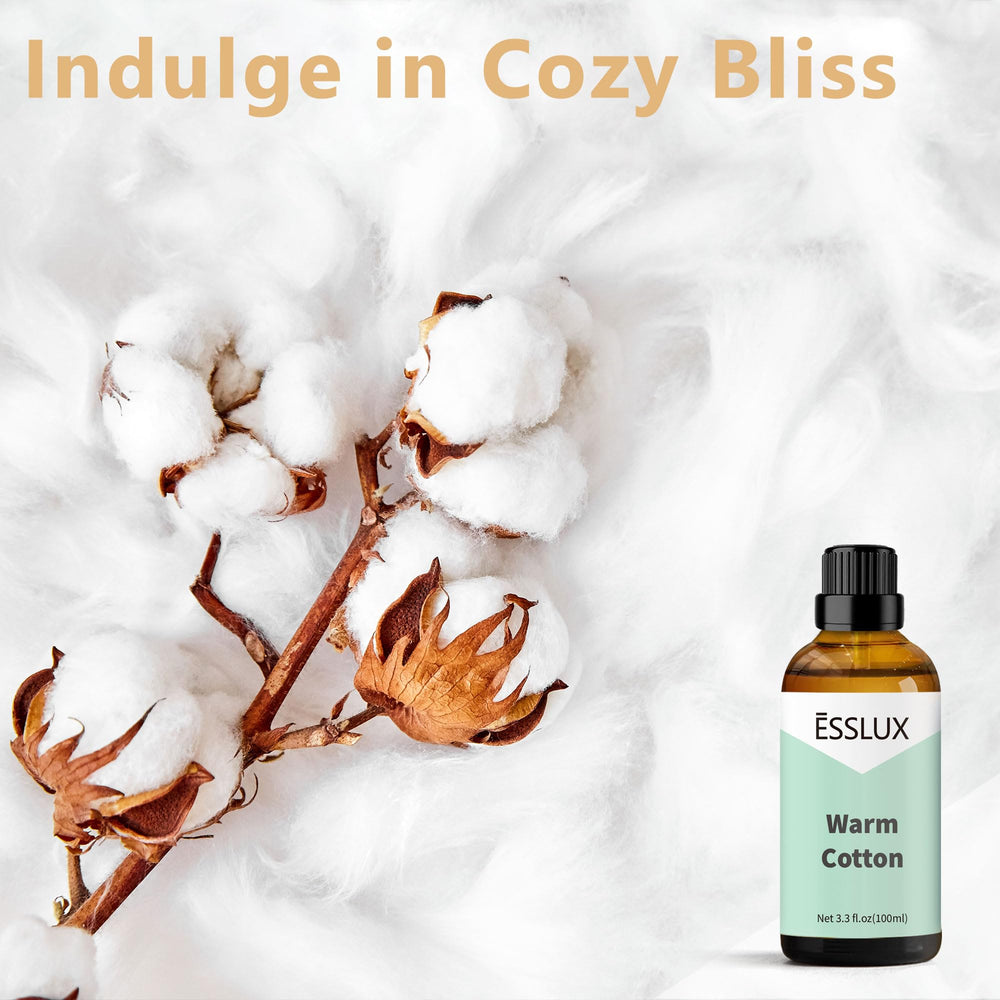 Close-up of ESSLUX Warm Cotton bottle, ideal for candles, soaps, and diffusers.