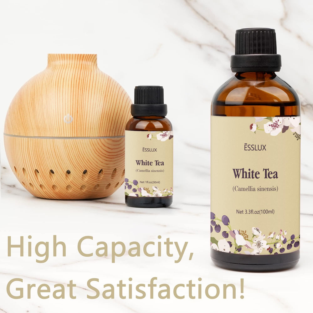 ESSLux White Tea Essential Oil with diffuser visuals for a gentle ambient aroma