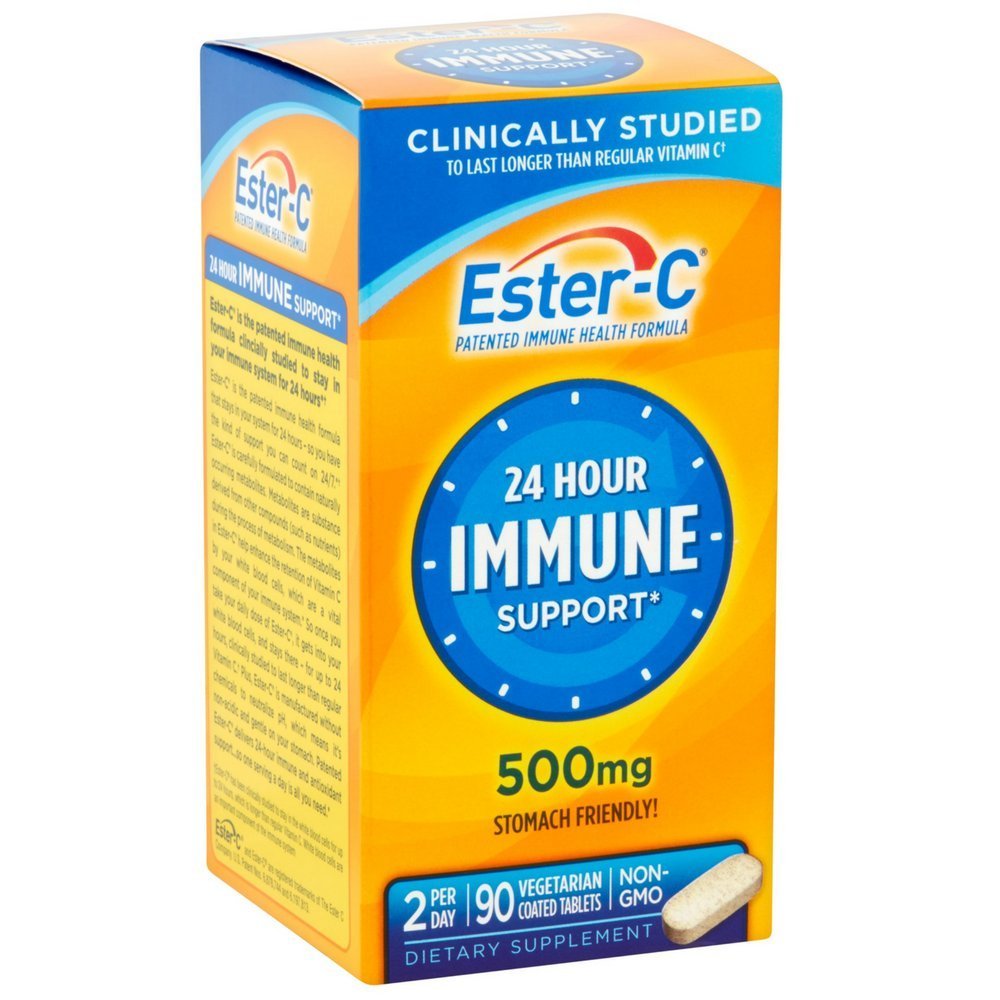 Ester-C 500 mg coated tablets bottle front view, gentle on stomach and designed for daily use