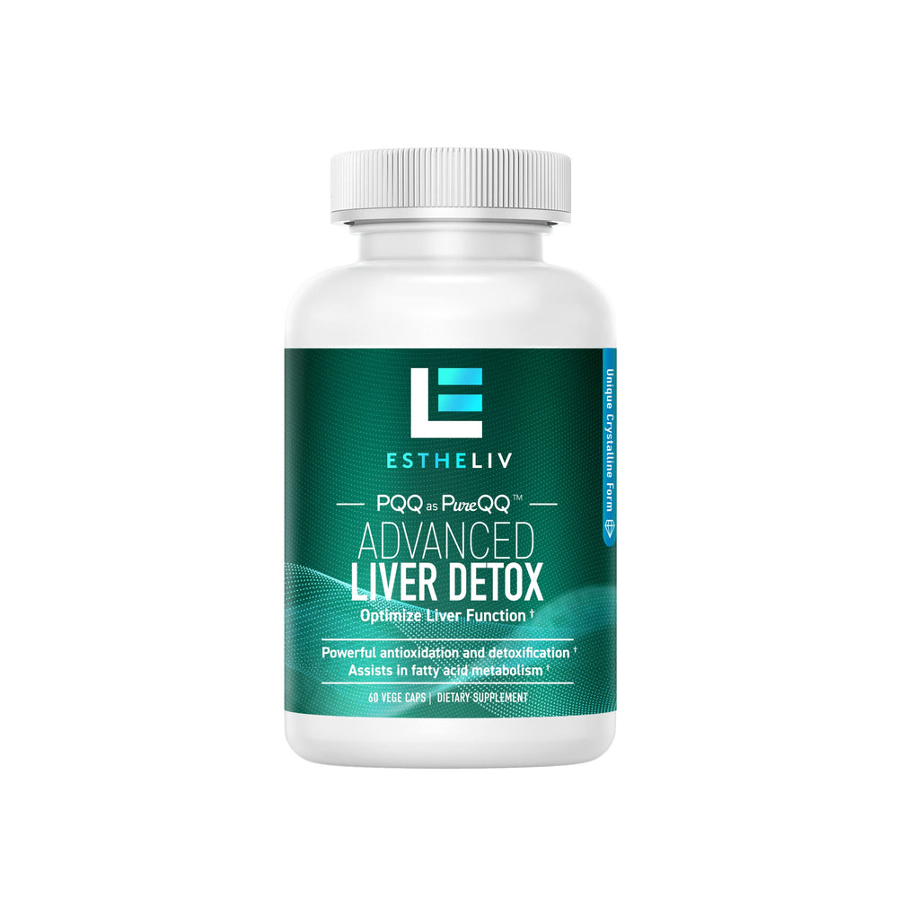 ESTHELIV Advanced Liver Detox bottle-front with capsules; supports daily liver wellness in a balanced routine.