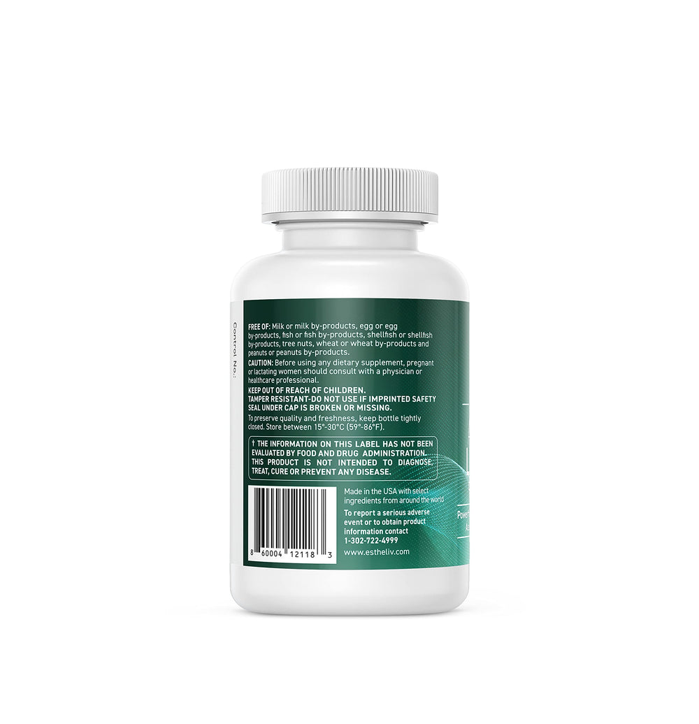 ESTHELIV Advanced Liver Detox packaging scene; 60 vege caps ready for a wellness routine.