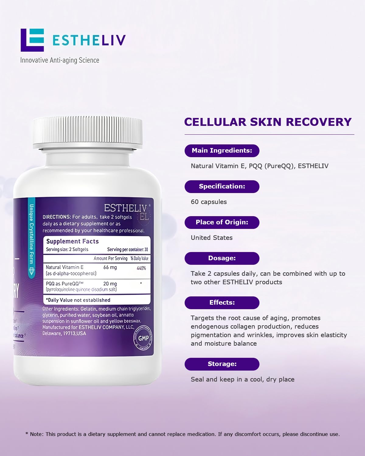 ESTHELIV foil packaging signals premium skincare supplement.