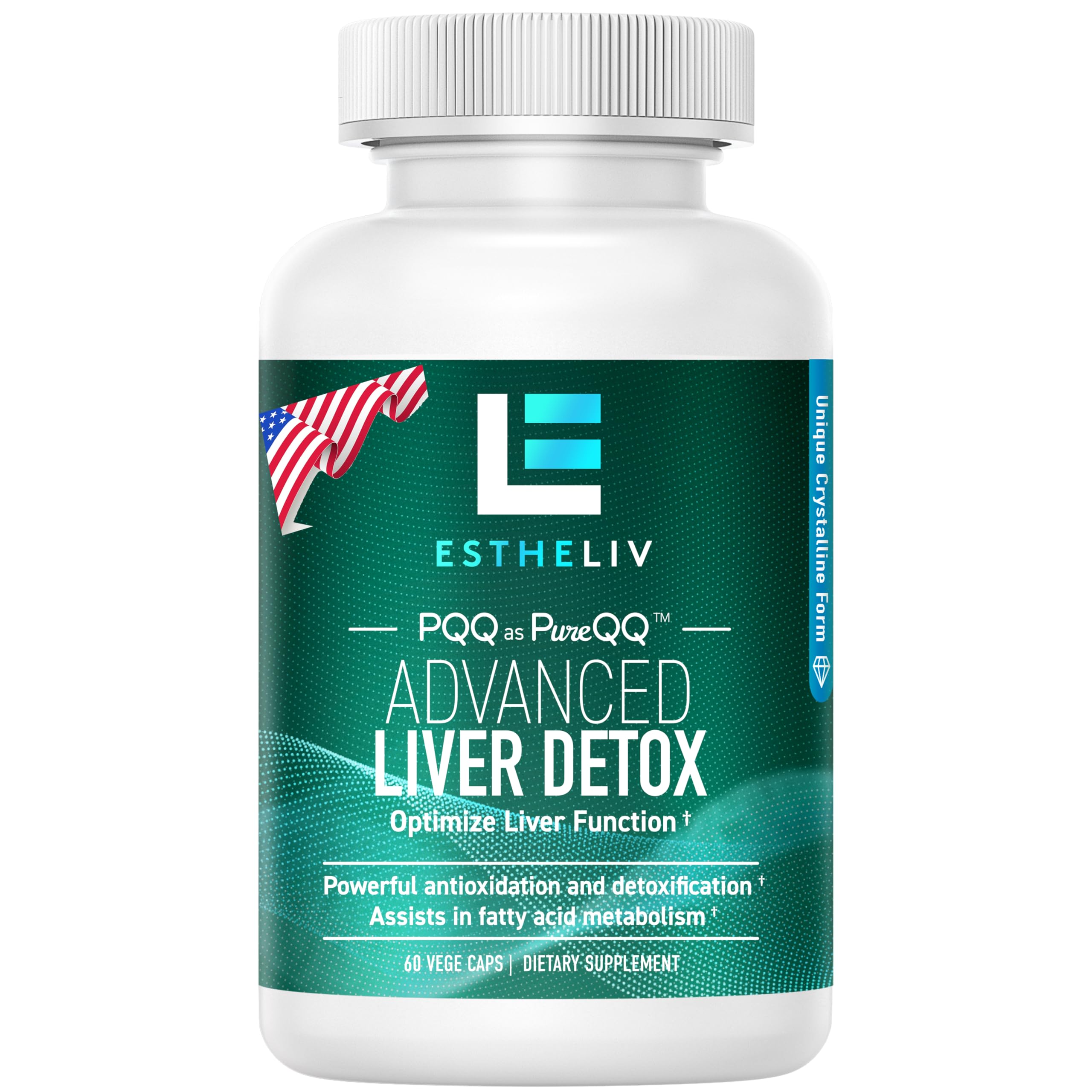 ESTHELIV Liver Detox bottle front view highlighting the PQQ and Inositol formula for daily support