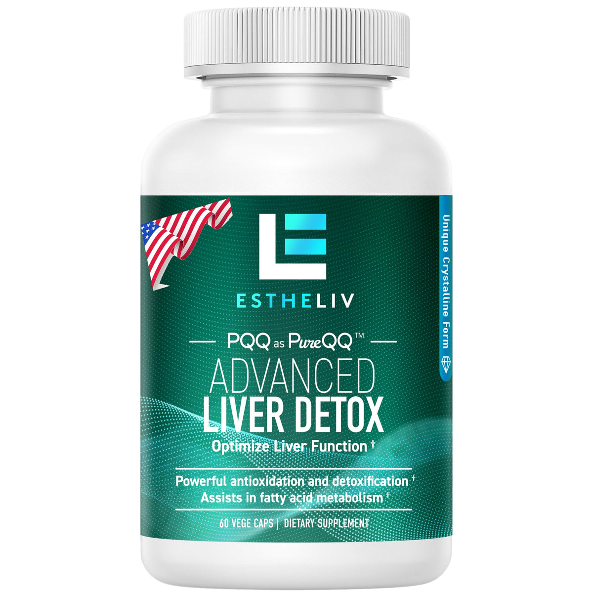 ESTHELIV Liver Detox bottle front view highlighting the PQQ and Inositol formula for daily support