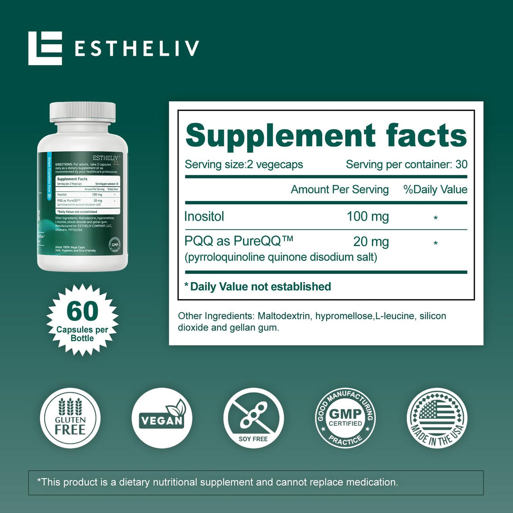 ESTHELIV packaging beside healthy foods suggests balanced lifestyle support