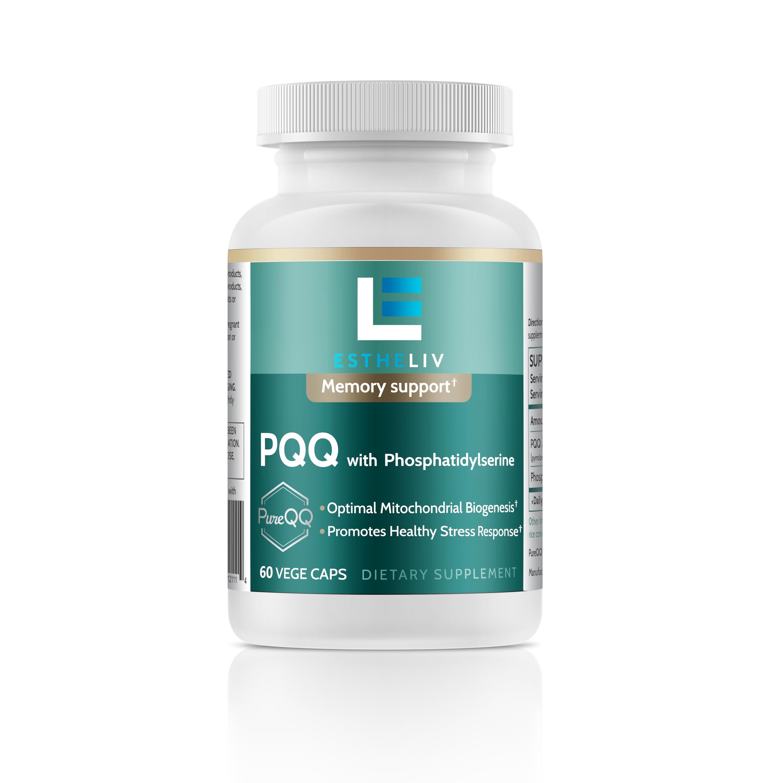 ESTHELIV PQQ bottle top view shows stable crystalline formula for daily vitality