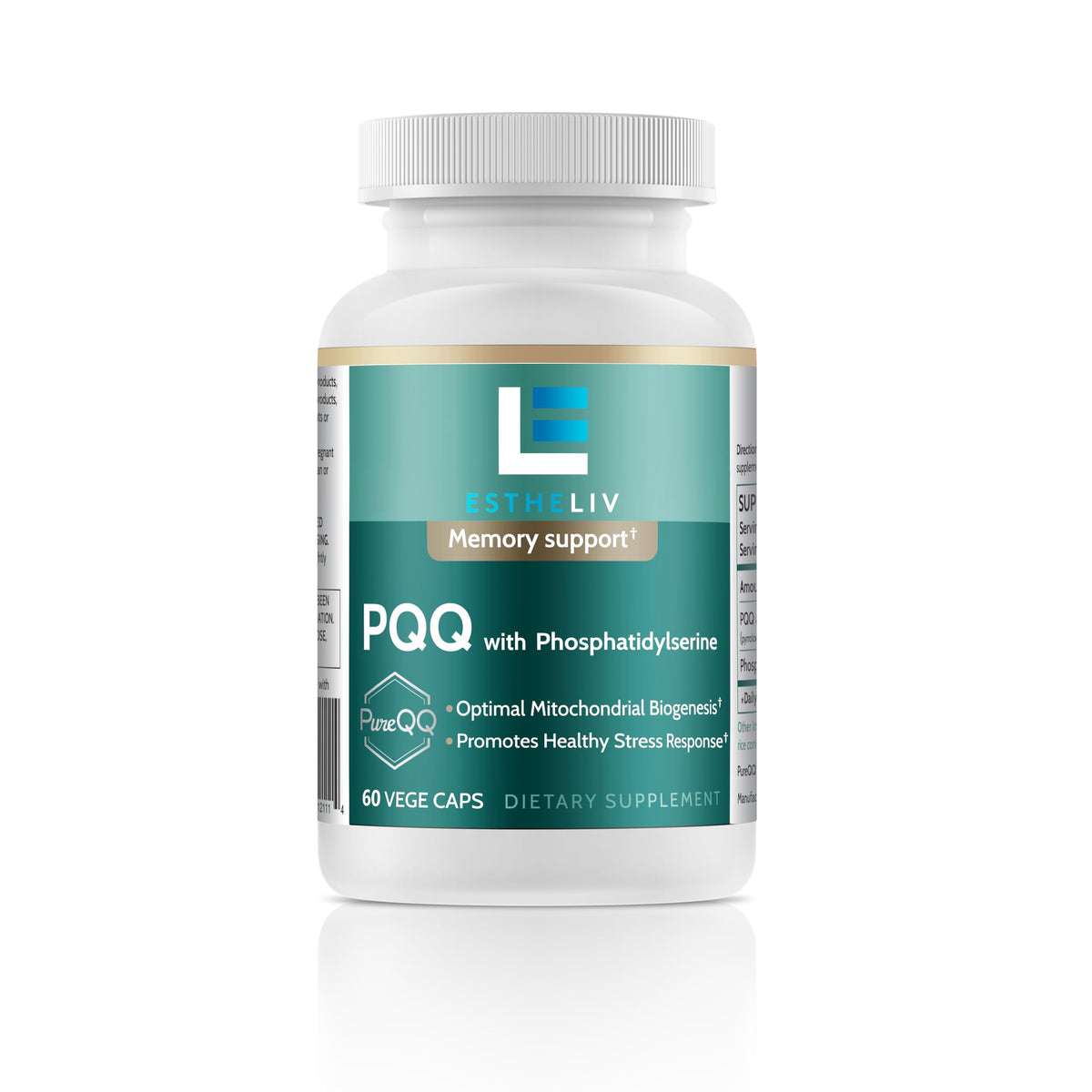 ESTHELIV PQQ bottle top view shows stable crystalline formula for daily vitality