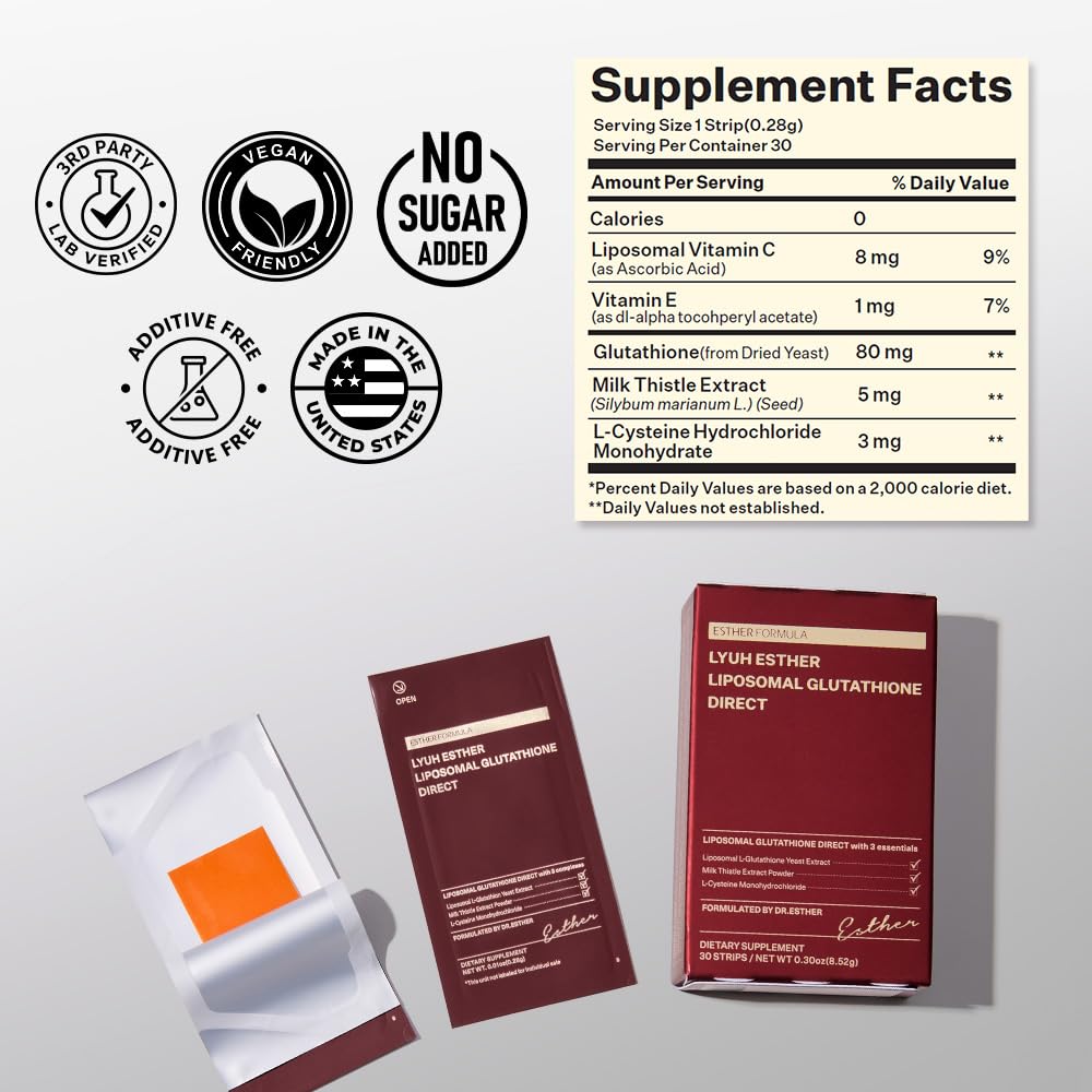 ESTHER FORMULA liposomal glutathione strips lemon flavor close-up, offering refreshing citrus taste.