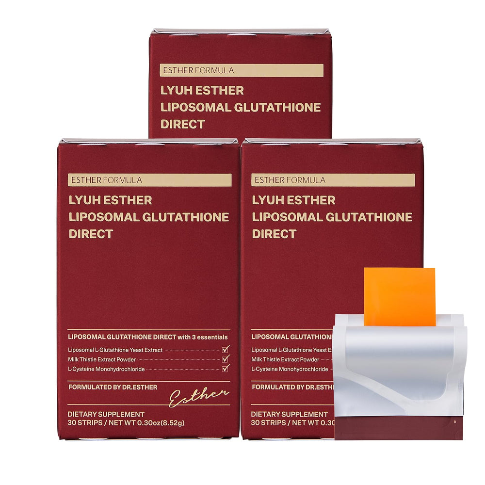 ESTHER FORMULA liposomal glutathione strips packaging for on-the-go use.