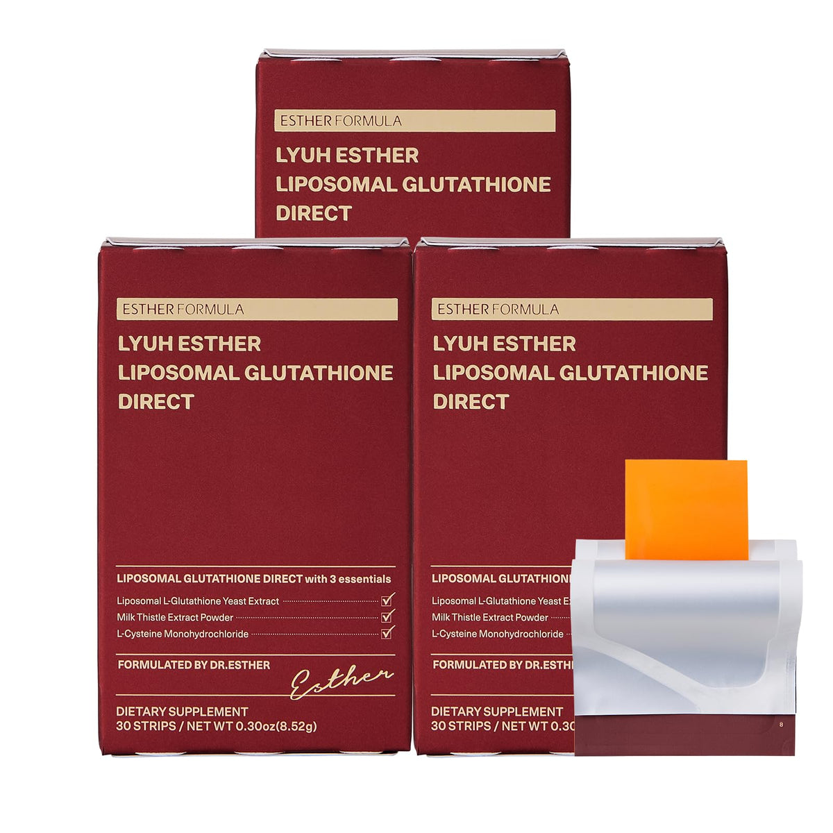 ESTHER FORMULA liposomal glutathione strips packaging for on-the-go use.