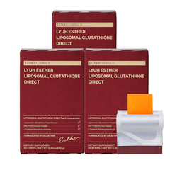ESTHER FORMULA liposomal glutathione strips packaging for on-the-go use.