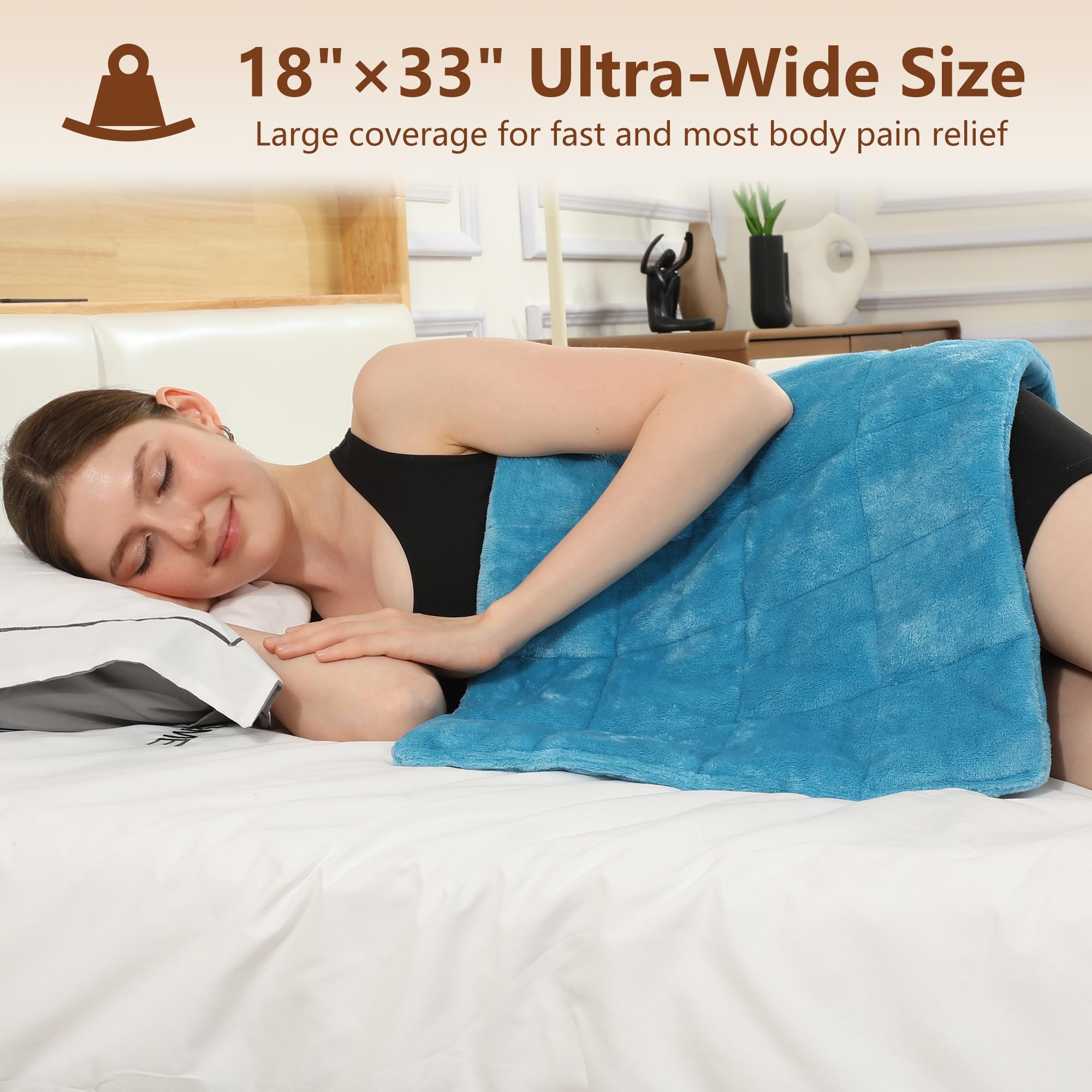 ESTINGO weighted heating pad large, back view highlighting 18x33 inch surface