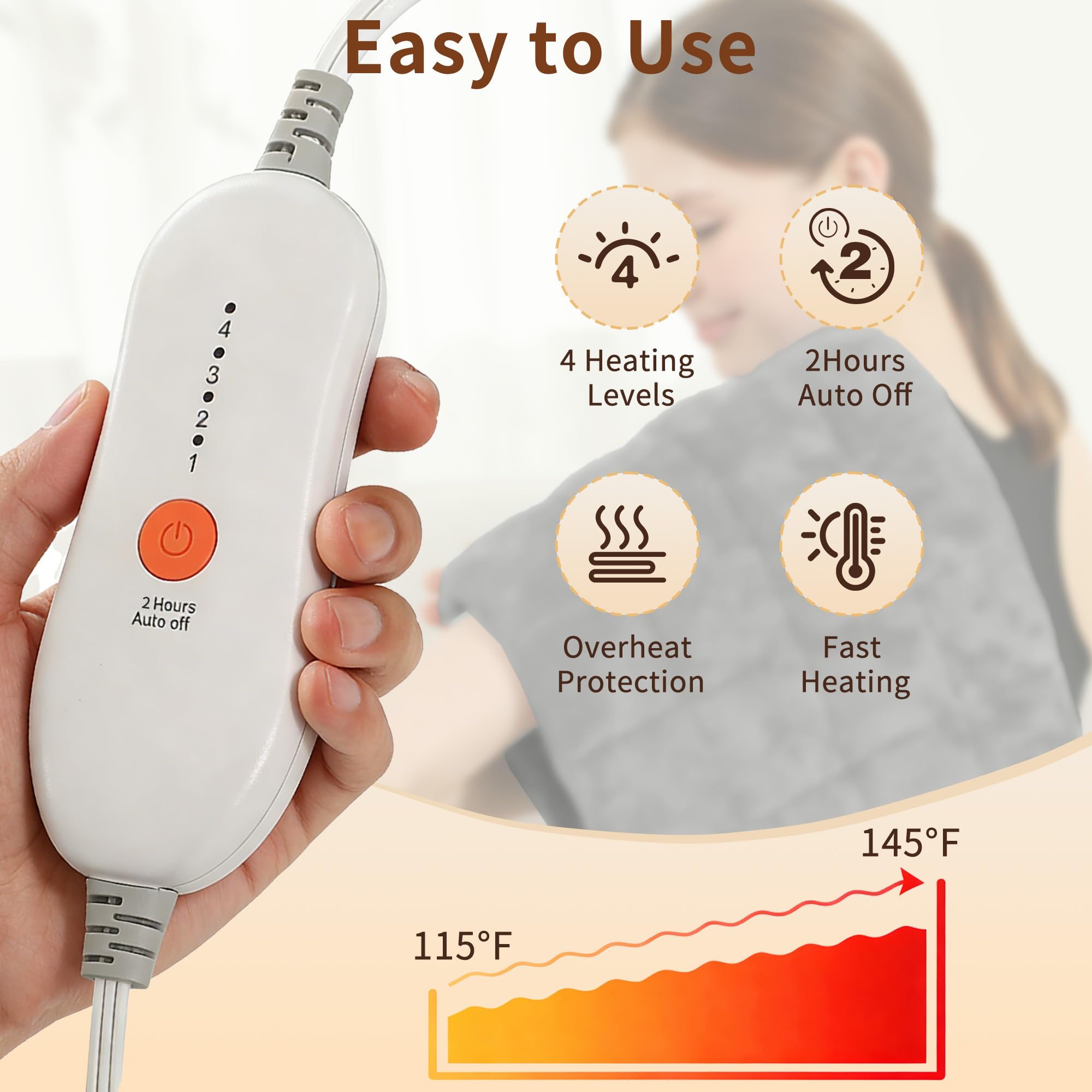 ESTINGO heating pad with 1H/2H auto shut-off for worry-free use.