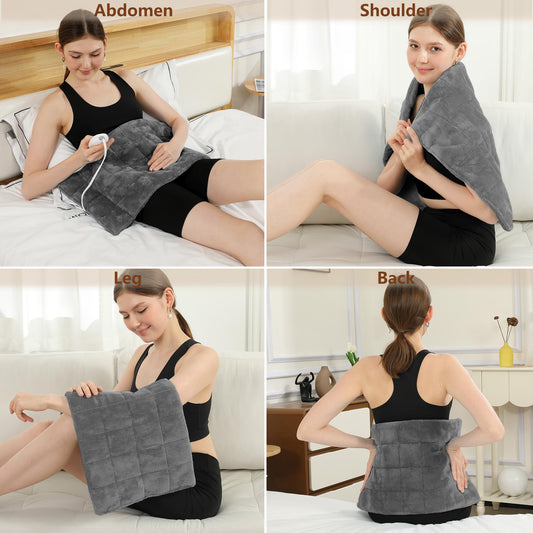 ESTINGO weighted heating pad on bed provides relaxing warmth after a long day.
