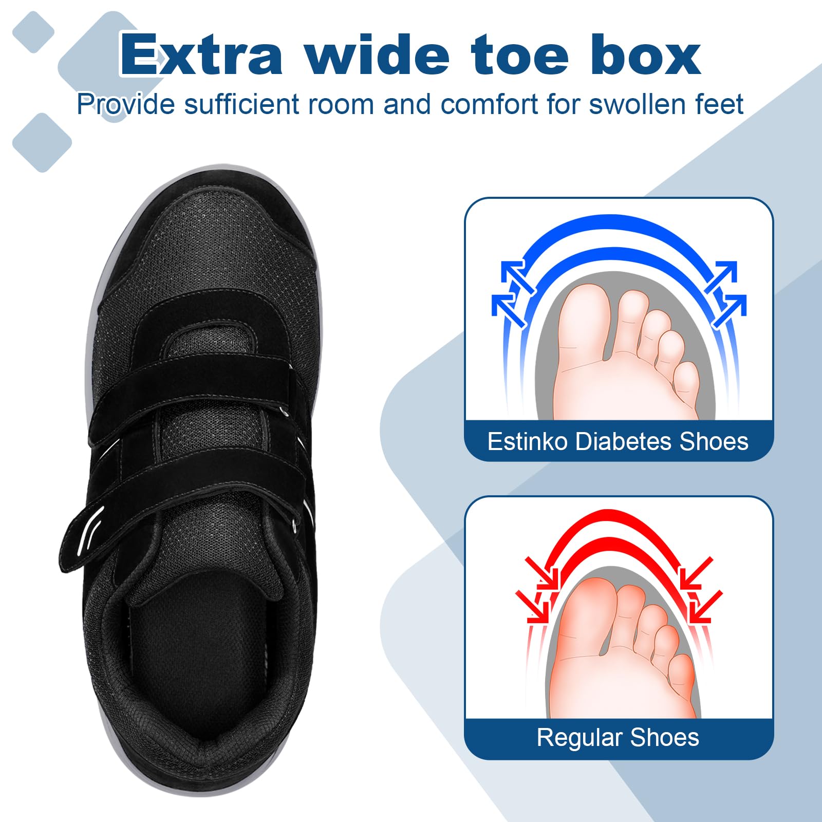 Estinko diabetic shoes with wide toe box for extra room and reduced pressure.