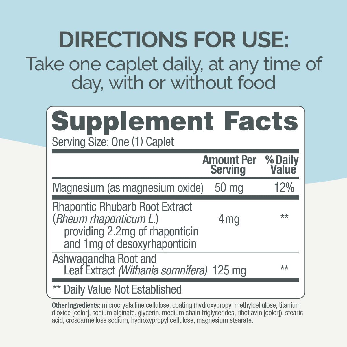 Label shows rhapontic rhubarb extract as a natural ingredient for symptom relief.