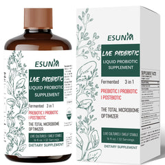 ESUNM 3-in-1 liquid probiotic bottle front promotes balanced digestion.