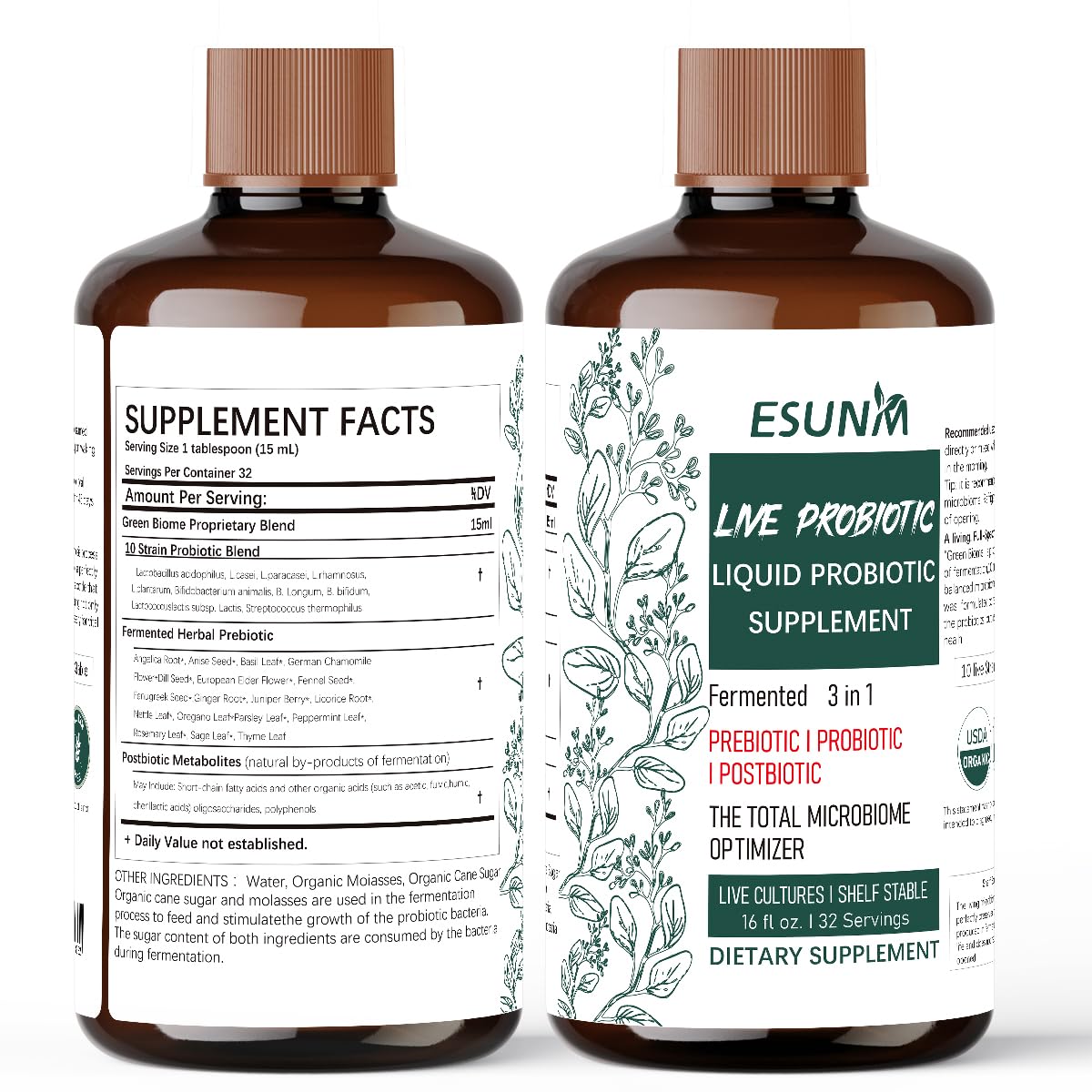 ESUNM bottle pour demonstrates easy daily serving of probiotic blend.