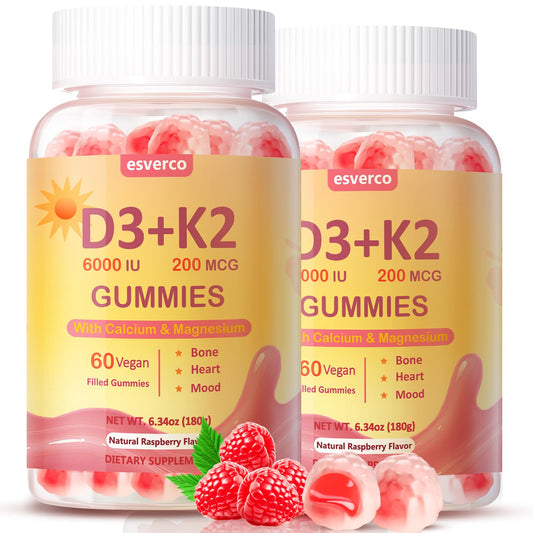 Esverco Vitamin D3 K2 Gummies bottle in raspberry flavor promoting bone and teeth wellness