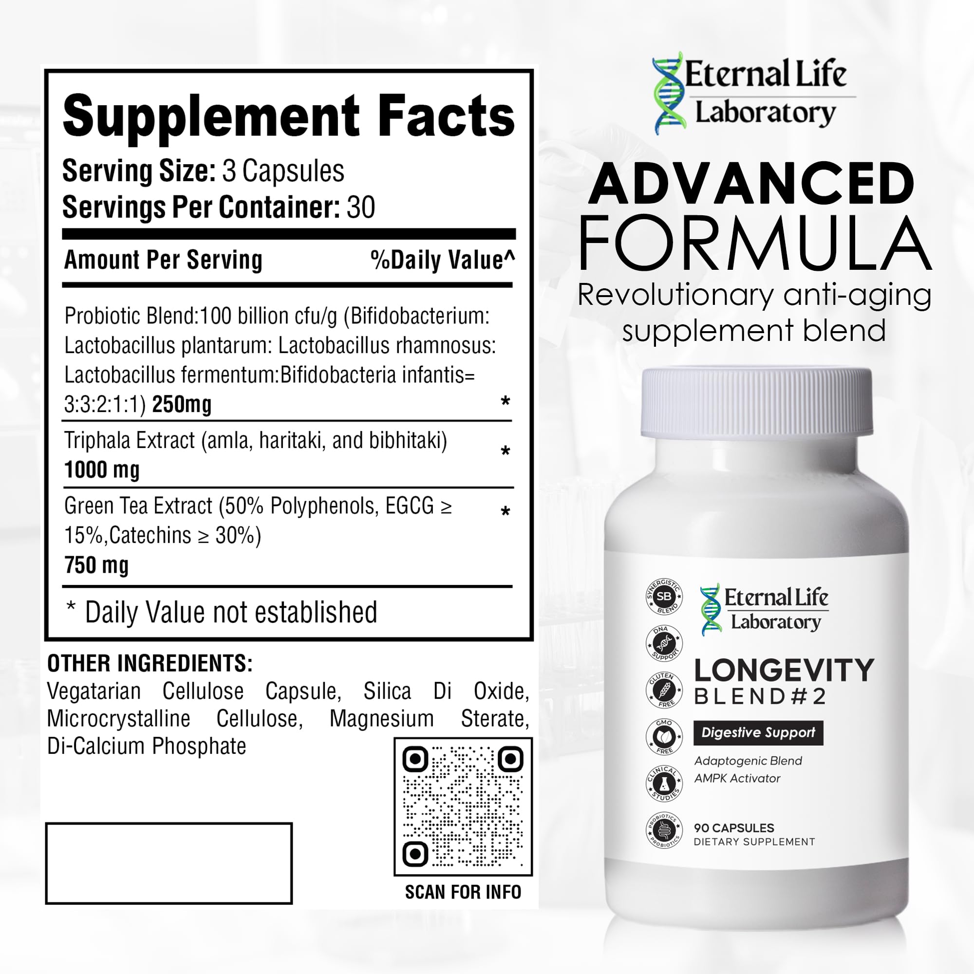 Close-up of Eternal Life Laboratory probiotic capsules for daily use