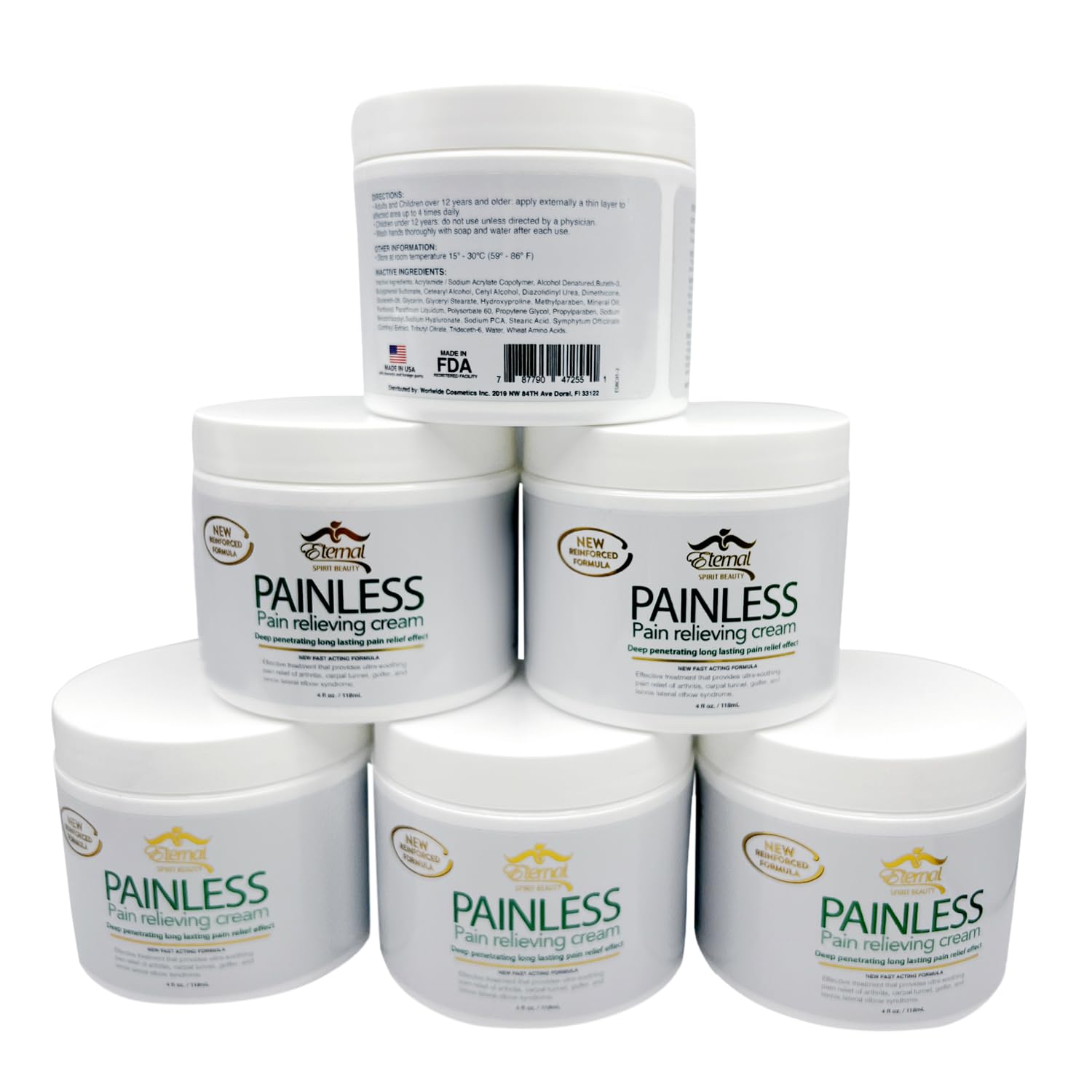 Eternal Spirit Beauty Painless Relieving Cream 6-pack on display highlights value and convenience