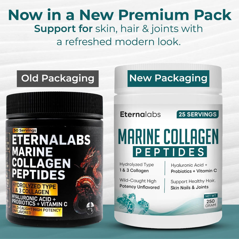 Eternalabs collagen peptides tub open with powder and scoop ready to mix