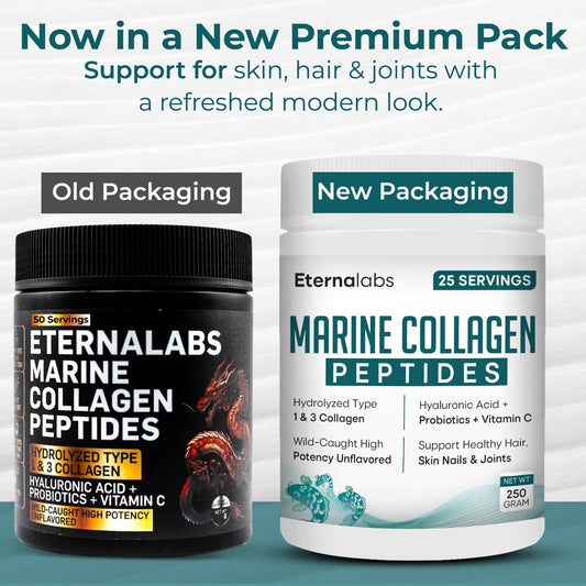 Eternalabs collagen peptides tub open with powder and scoop ready to mix