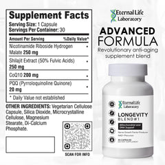 Eternal Life Laboratory NAD+ capsules close-up highlights CoQ10 synergy for cellular energy.