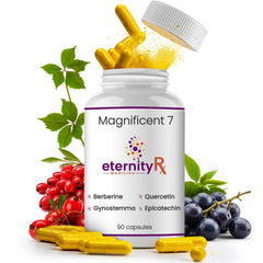 Eternity Medicine Rx bottle with capsules suggesting longevity and mitochondrial support