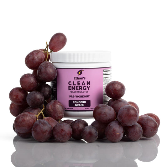 Ethan's Feel Good Concord grape bottle ready for a steady pre-workout boost.