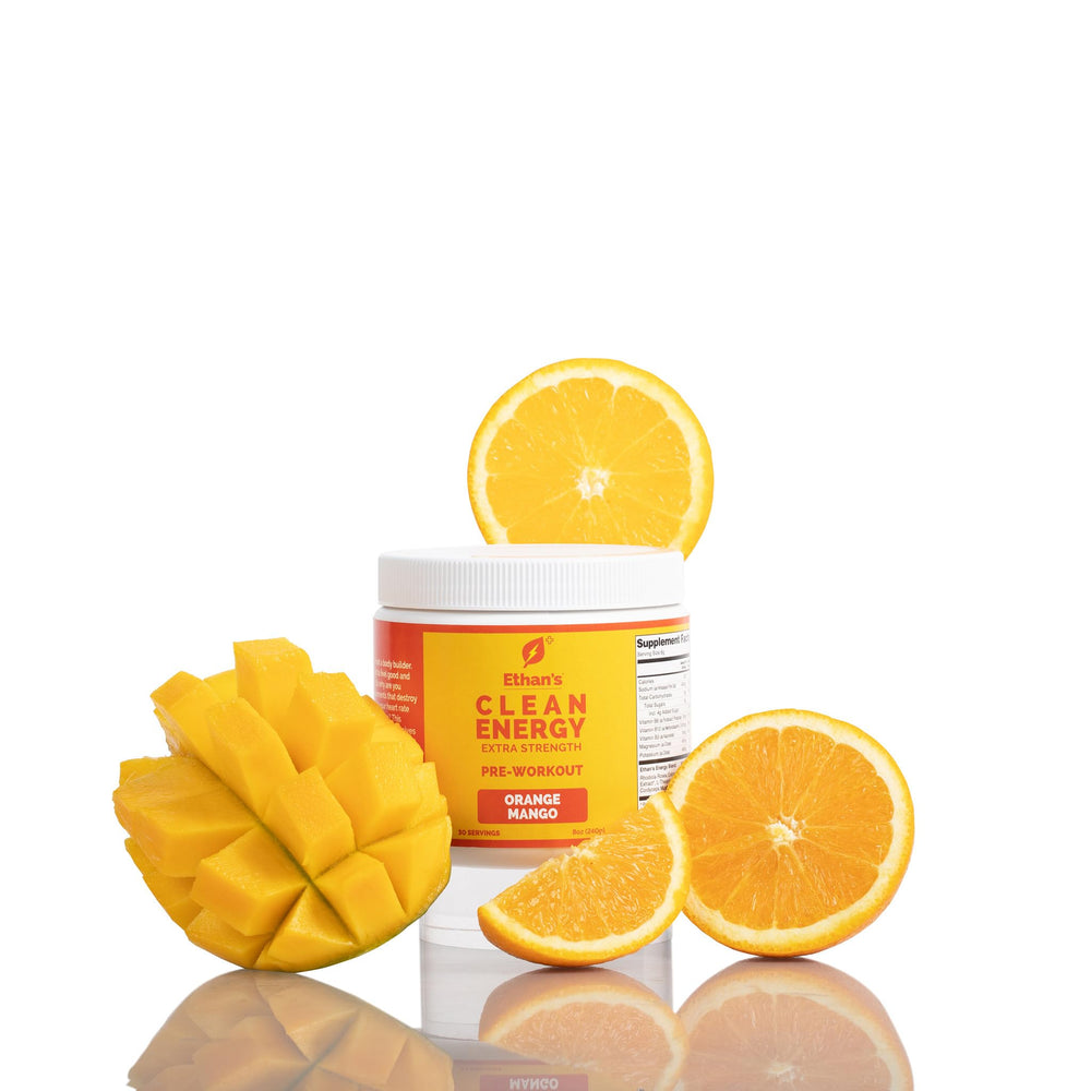 Ethan's Feel Good orange mango packet ready to power a workout with clean energy.