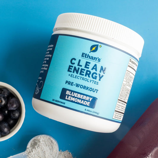 Ethan's Feel Good pre-workout blueberry lemonade label close-up highlighting natural caffeine.