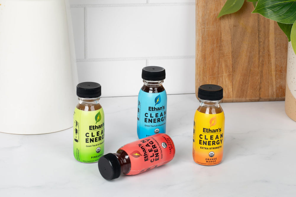 Ethan's Organic Clean Energy Shots 12-pack display for portable daily energy.