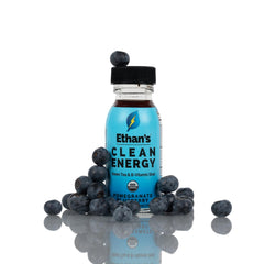 Ethan's Organic Clean Energy Shots label closeup shows organic ingredients and clean caffeine.
