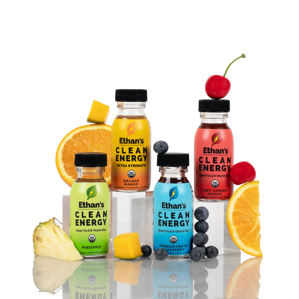 Ethan's Organic Clean Energy Shots packaging emphasizes recyclable glass bottle.
