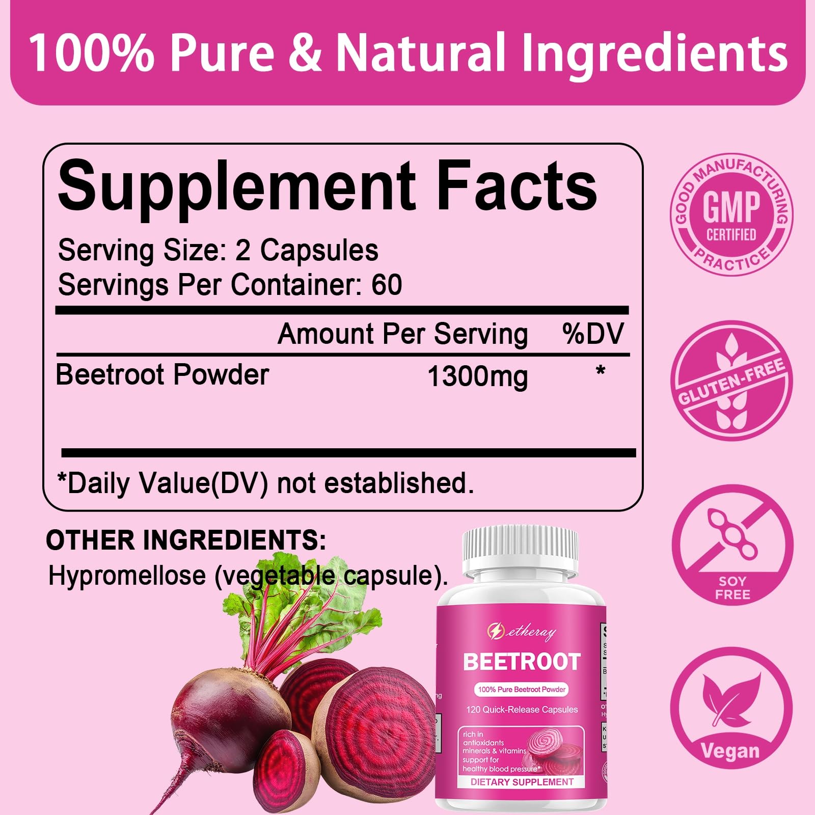 Etheray Beet Root Capsules bottle back revealing ingredients and non-GMO formulation