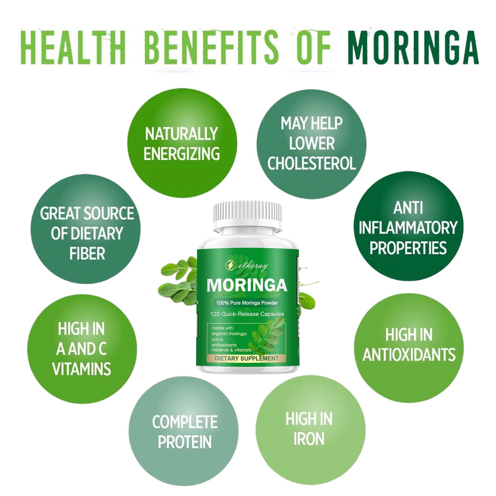 Ingredients panel lists 100% pure moringa leaf extract
