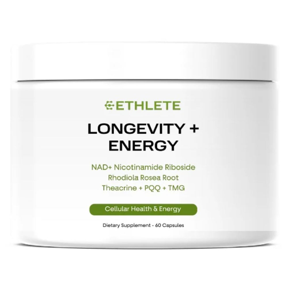 Ethlete NAD+ bottle-front promotes all-day energy and recovery support.