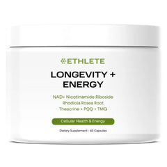 Ethlete NAD+ bottle-front promotes all-day energy and recovery support.