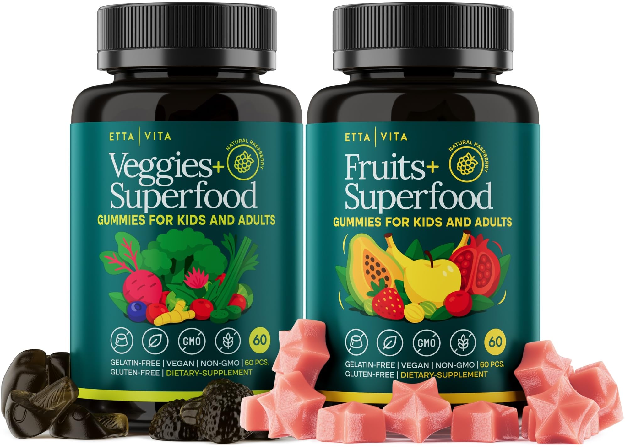 Etta Vita 120 chews fruits and veggies bottle view for daily nutrition.