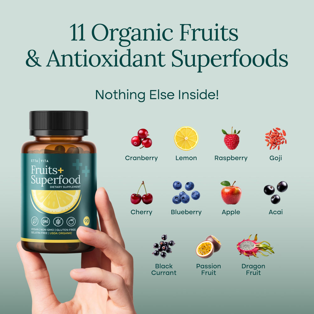 Etta Vita 31-fruit-and-veg blend capsules showing colorful nutrients.